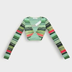 Glassons Crop Top Womens X Small Green Black Mesh Long Sleeve V-Neck Sheer